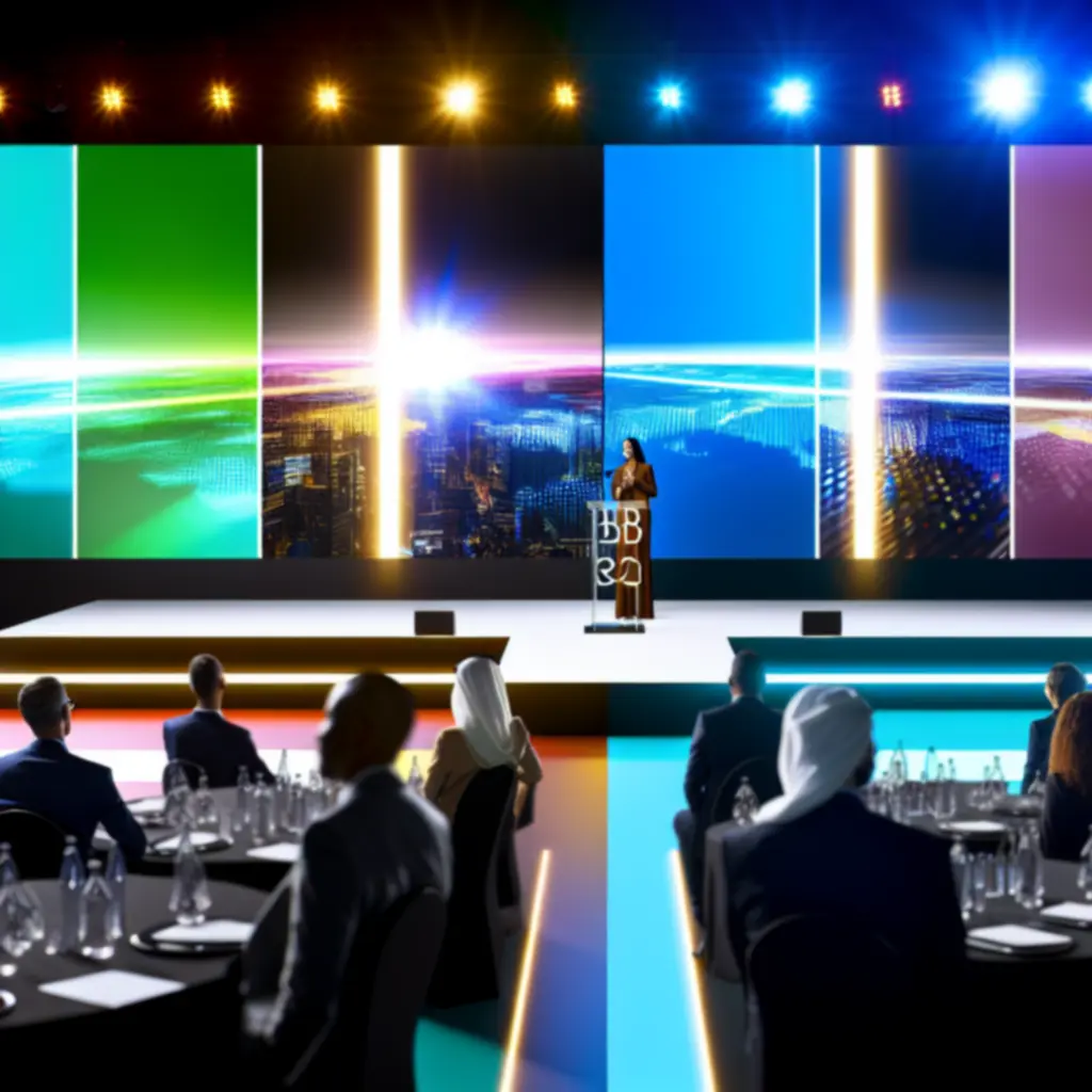 Productlancering: podium met presentator en groot scherm