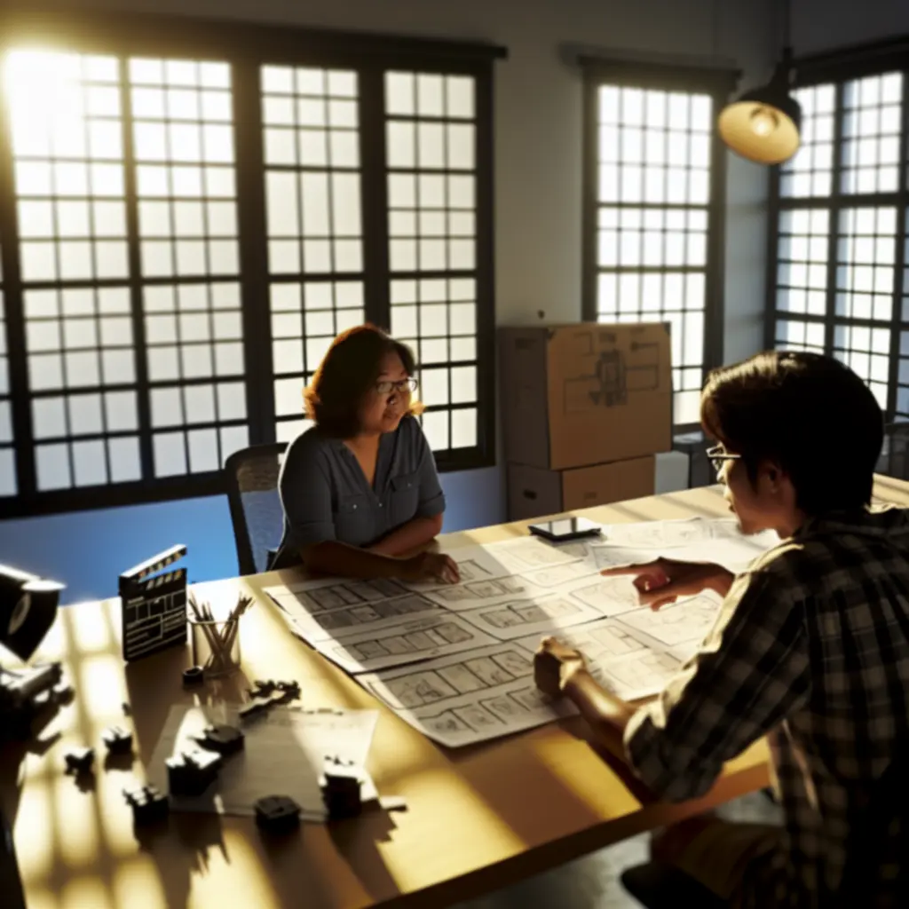 Regisseur en klant bespreken een storyboard tijdens pre‑productie